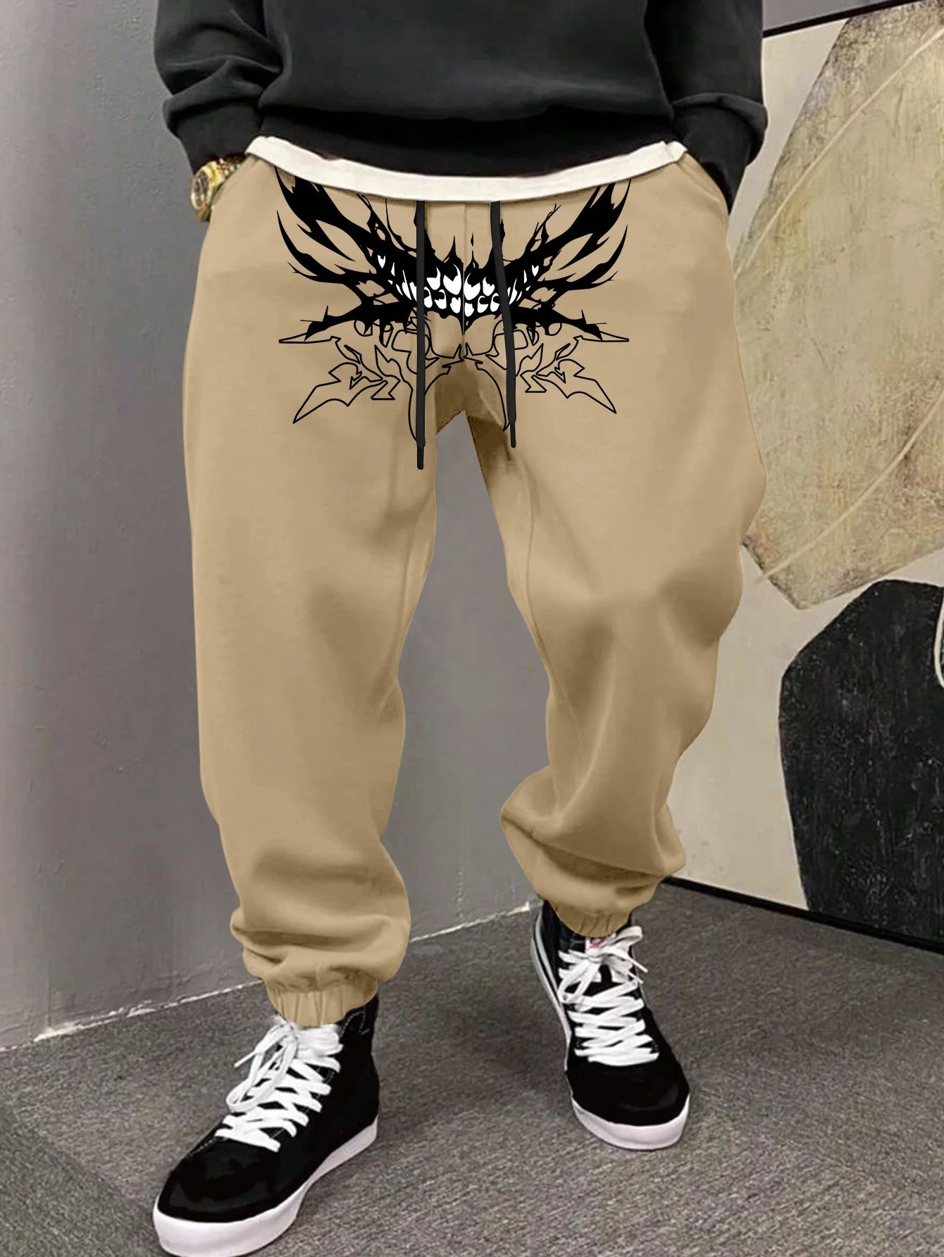 Men's Gothic Sharp Demon Mouth Thorn Print Sweatpants Elastic Waist Soft Fabric Dark Punk Street Hip Hop Joggers