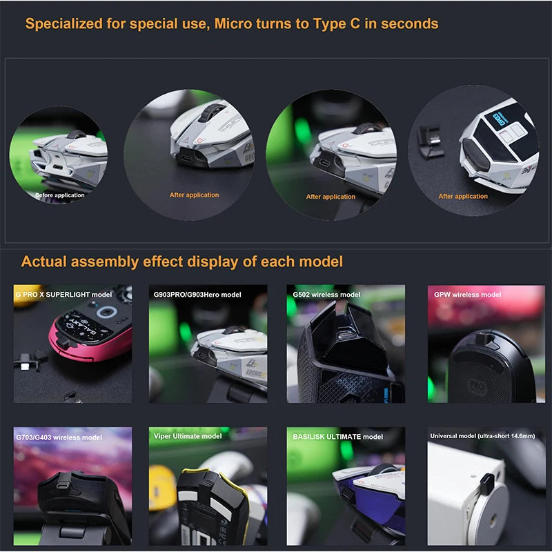 For Viper ULTIMATE/BASILISK ULTIMATE/DEATHADDER V2 PRO/NAGA V2 PRO mouse adapter Android micro to type c head replacement parts
