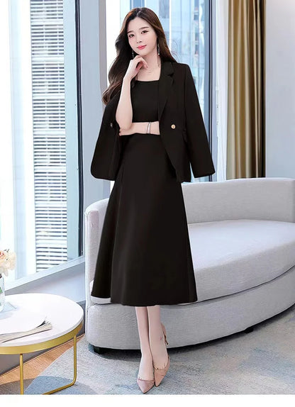 plus Size Women's Dress Suit Set Sleeveless Long Dress with Jacket Autumn Fashion Slimming Two-Piece Set High Waist Korean Style