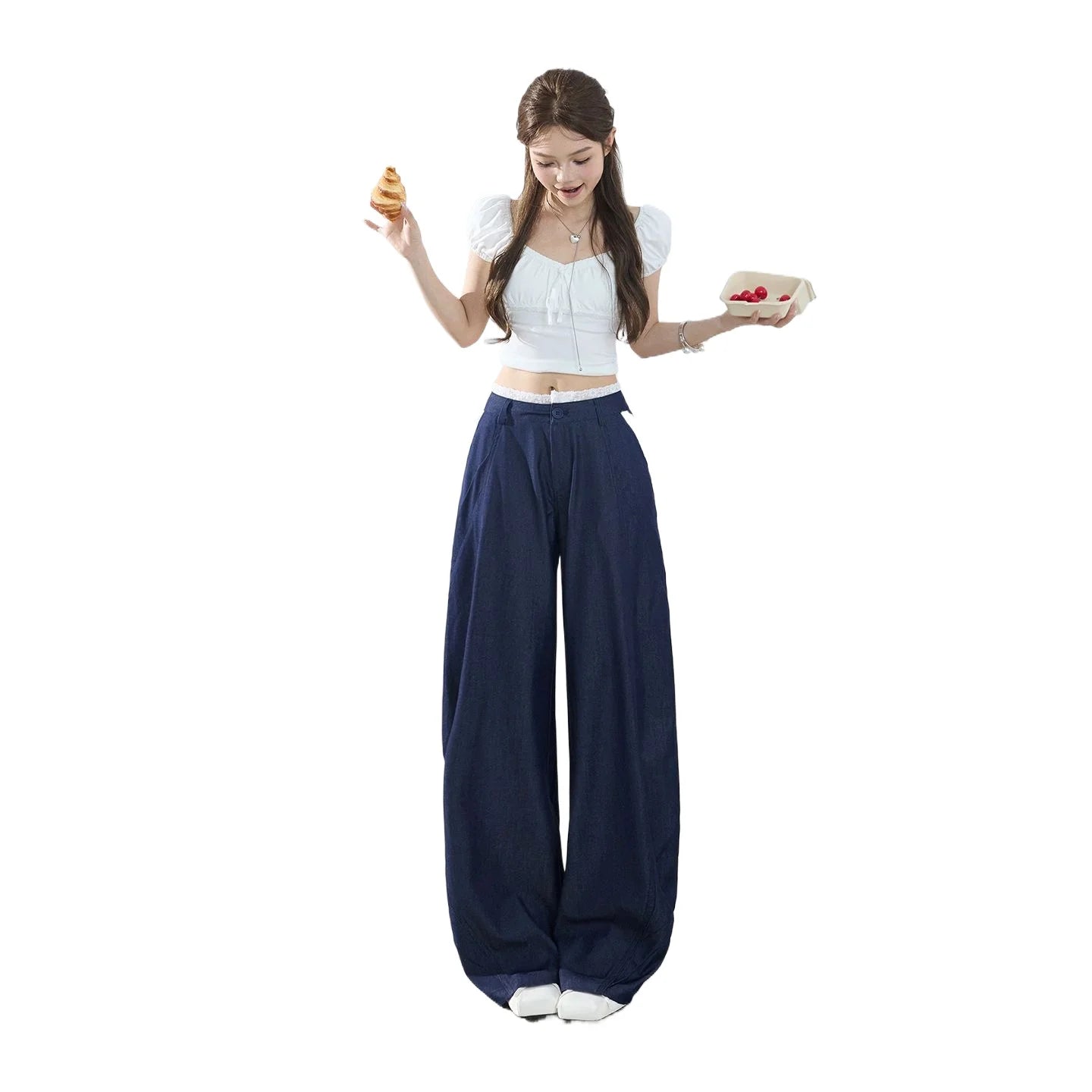 American-style retro loose wide-leg pants, lightweight curved pants, cool lace splicing, versatile casual pants for women