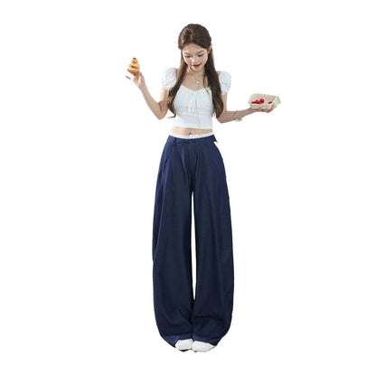 American-style retro loose wide-leg pants, lightweight curved pants, cool lace splicing, versatile casual pants for women