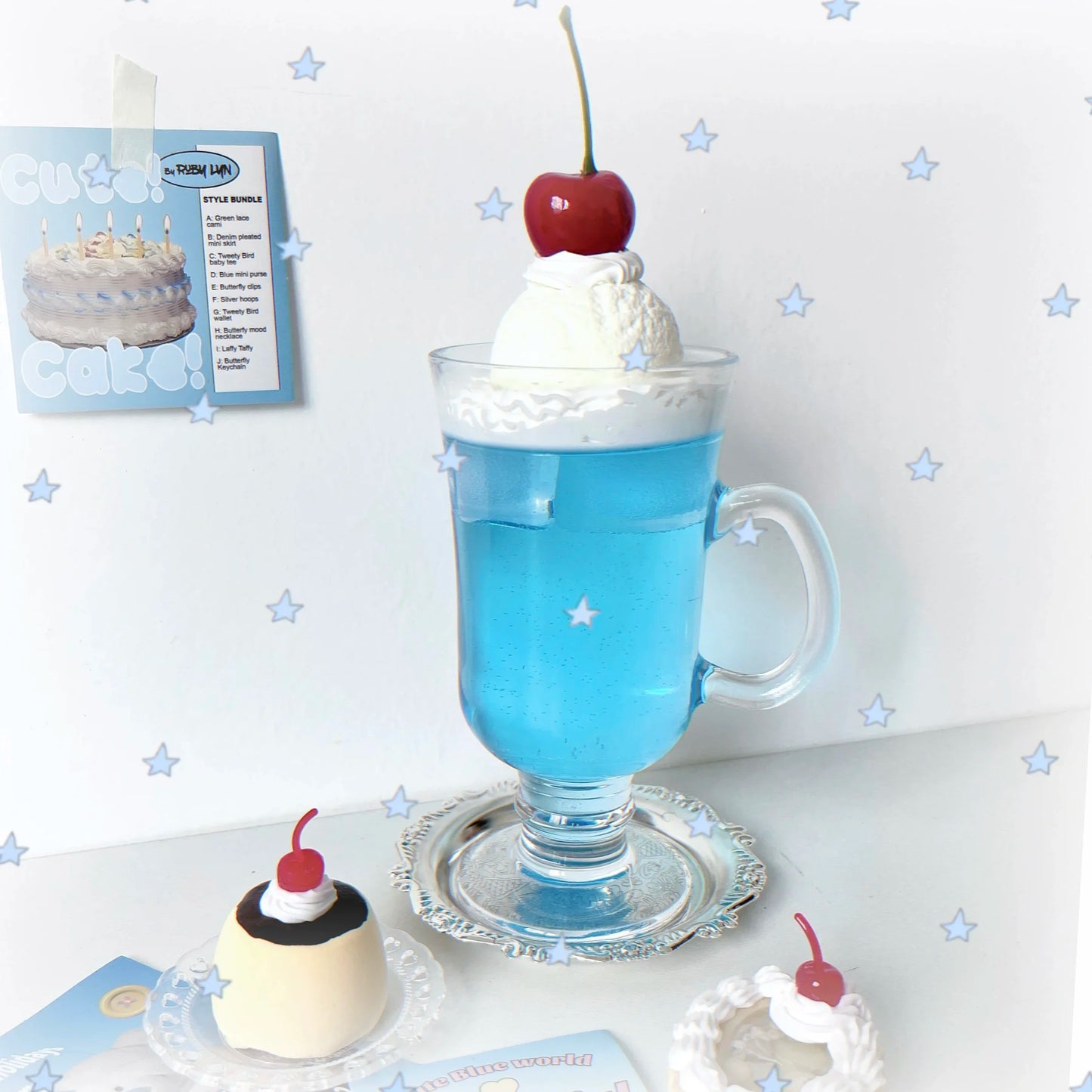 Blue Soda Drink Cup Craft Soda Ice Cream Topping Glass Cup Creative Gift Handicraft Desk Ornaments Girls Room Decoration Gift