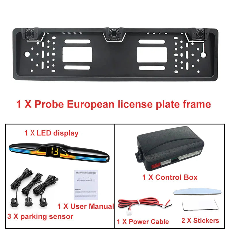 European License Plate Holder 3 Sensors Parking Radar Buzzer Alarm 12V Waterproof Auto Reversing Safety Accessory