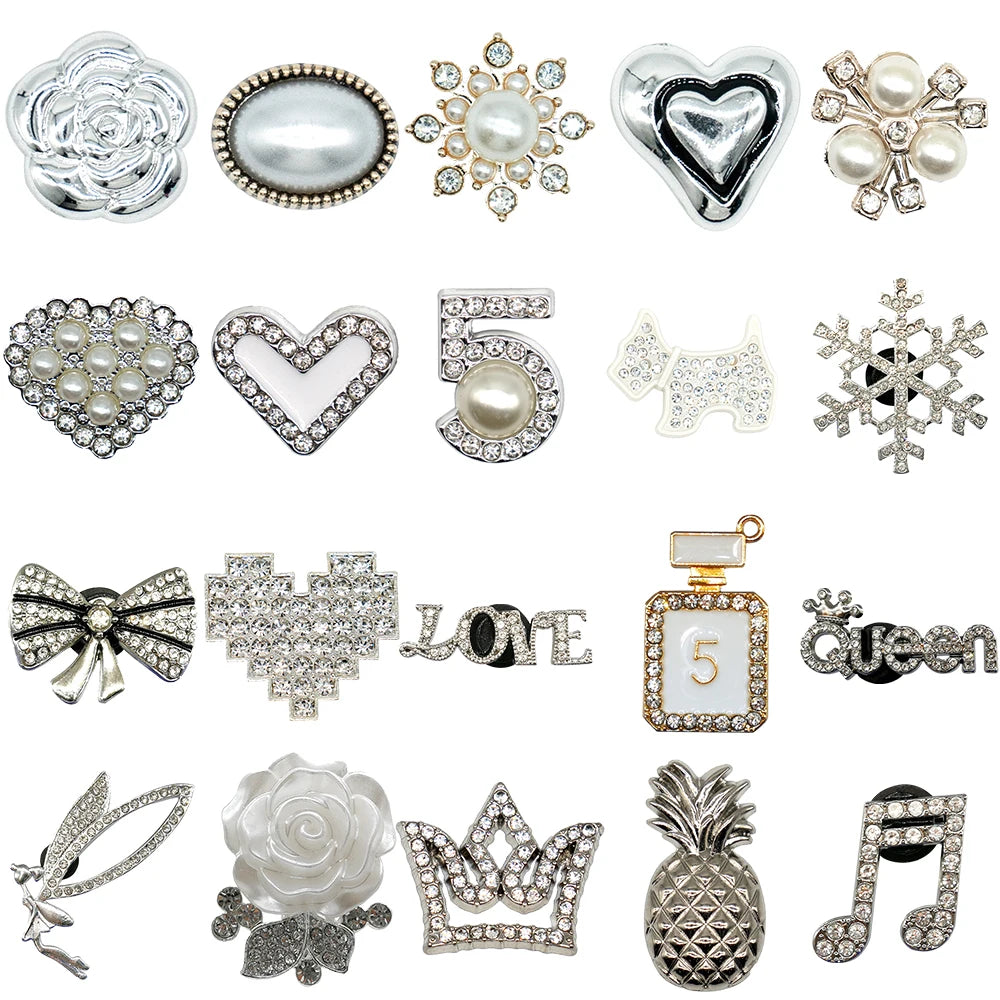 1/20pcs Silvery Metal Clog Charms Bling Luxury Style Crown Heart Fashion Women Men Shoe Charms Jean Set Metal Shoe Accessories