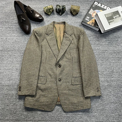 Vintage Unisex Woolen Suit Jacket Simple Casual Plaid Retro Style Warm Windproof Interview Commuting Business Casual Wear