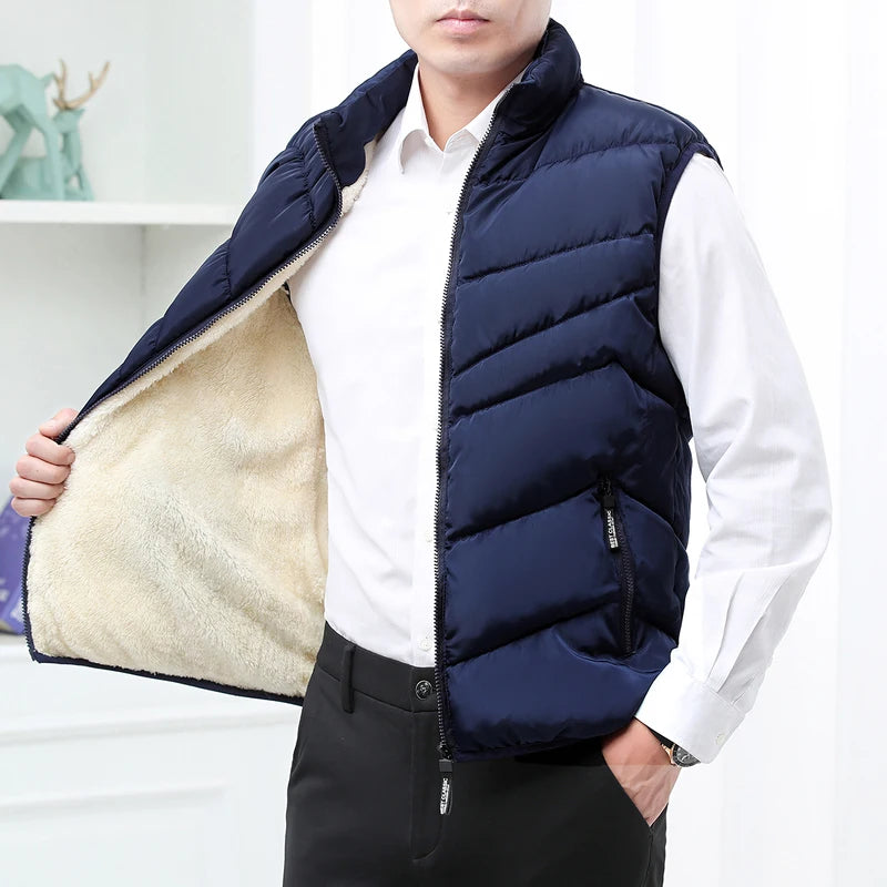 Winter Business Wool Lined Vest Jacket Men Slim Fit Stand Collar Sleeveless Puffer Jackets Autumn Casual Waistcoat Men Warm Coat