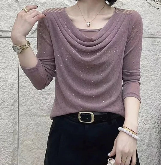 Ladies Fashion Slim Simplicity Elegant Trend Sexy Temperament Solid Color Long Sleeve Net Yarn Pullover Summer New Style Tops