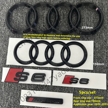 6/5Pcs 4Ring ABS Car Hood Front Grill Rear Trunk Emblem Stickers For Audi A3 A4 A5 A6 A7 Q2 Q3 Q5 Q8 S3 S4 S5 S6 RS3 RS4 RS5 RS6