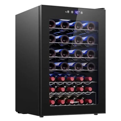 Wine cooler refrigerator for home kitchen bar use, stainless steel, black, 45-bottle capacity with glass door and adjustable te