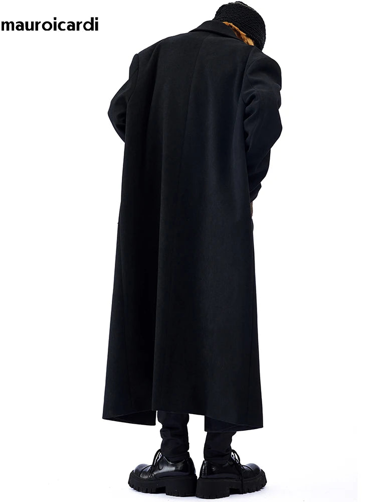 Mauroicardi Autumn Winter Long Oversized Black Woolen Trench Coat Men Shoulder Pads Single Breasted Luxury Cocoon Overcoat 2022