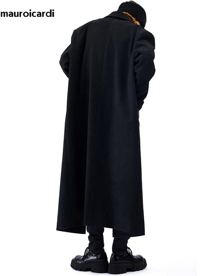 Mauroicardi Autumn Winter Long Oversized Black Woolen Trench Coat Men Shoulder Pads Single Breasted Luxury Cocoon Overcoat 2022