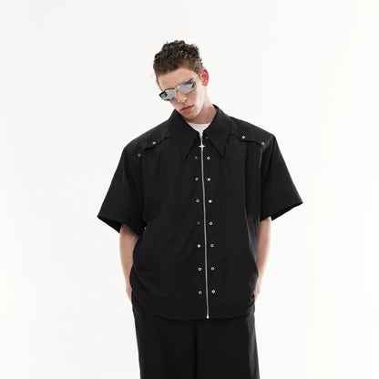 Men's Metal Zipper Button Solid Y2K Summer Shirts 2026 High Street Fashion Trend Casual T-shirts Moto & Biker Oversized Tee Tops