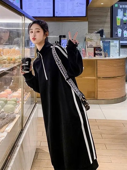 plus Size Mid-Length Over-Knee Sweatshirt Dress Women Spring Autumn Fat MM 300 Pounds Slimming Casual Sportswear Dress