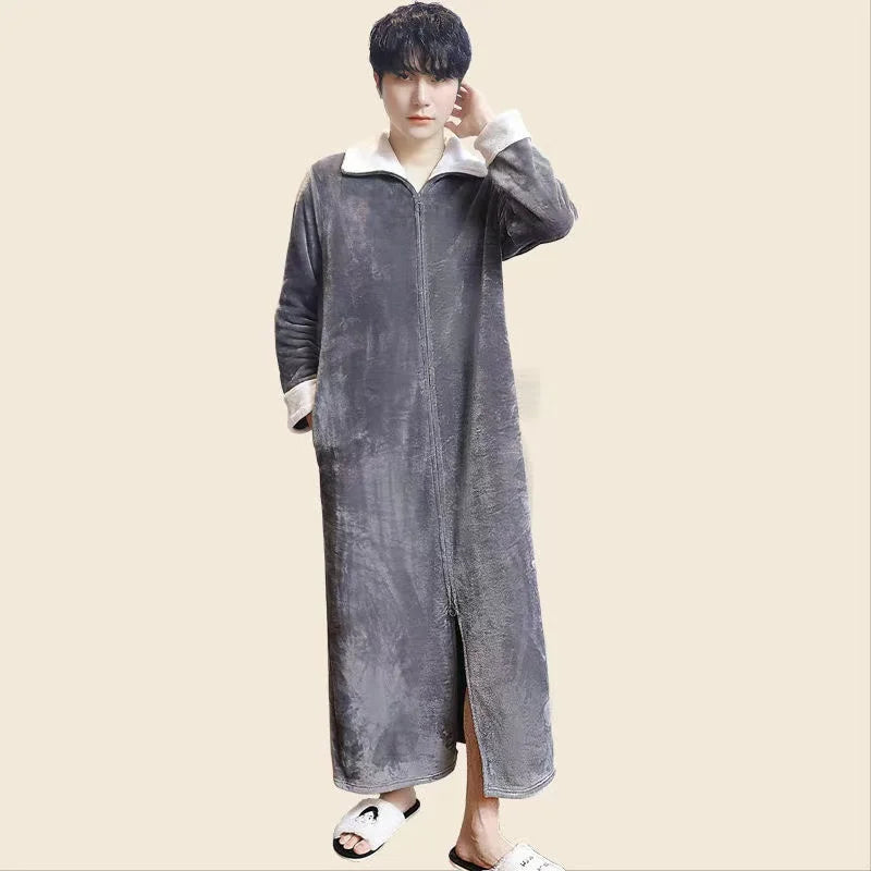 2025 New Flannel Zipper Nightgown Men Women Double-sided Thicken Flannel Pajamas Solid Color Couples One-piece Home Sleeprobe