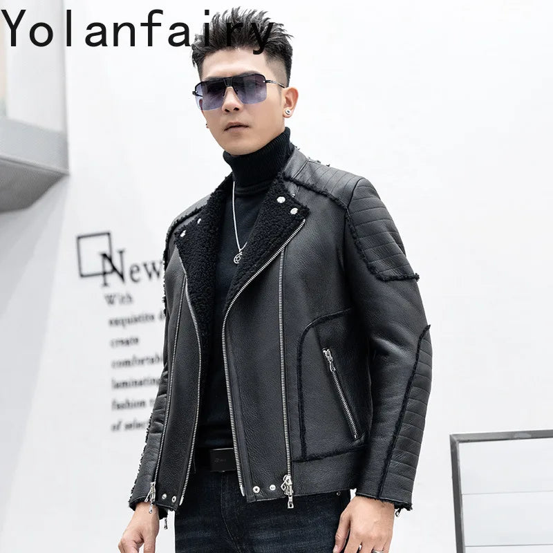 YOLANFAIRY New Luxury Winter Natural Wool Fur Coat Man Short Warm Men's Motorcycle Genuine Leather Jacket Real Sheepskin Coats