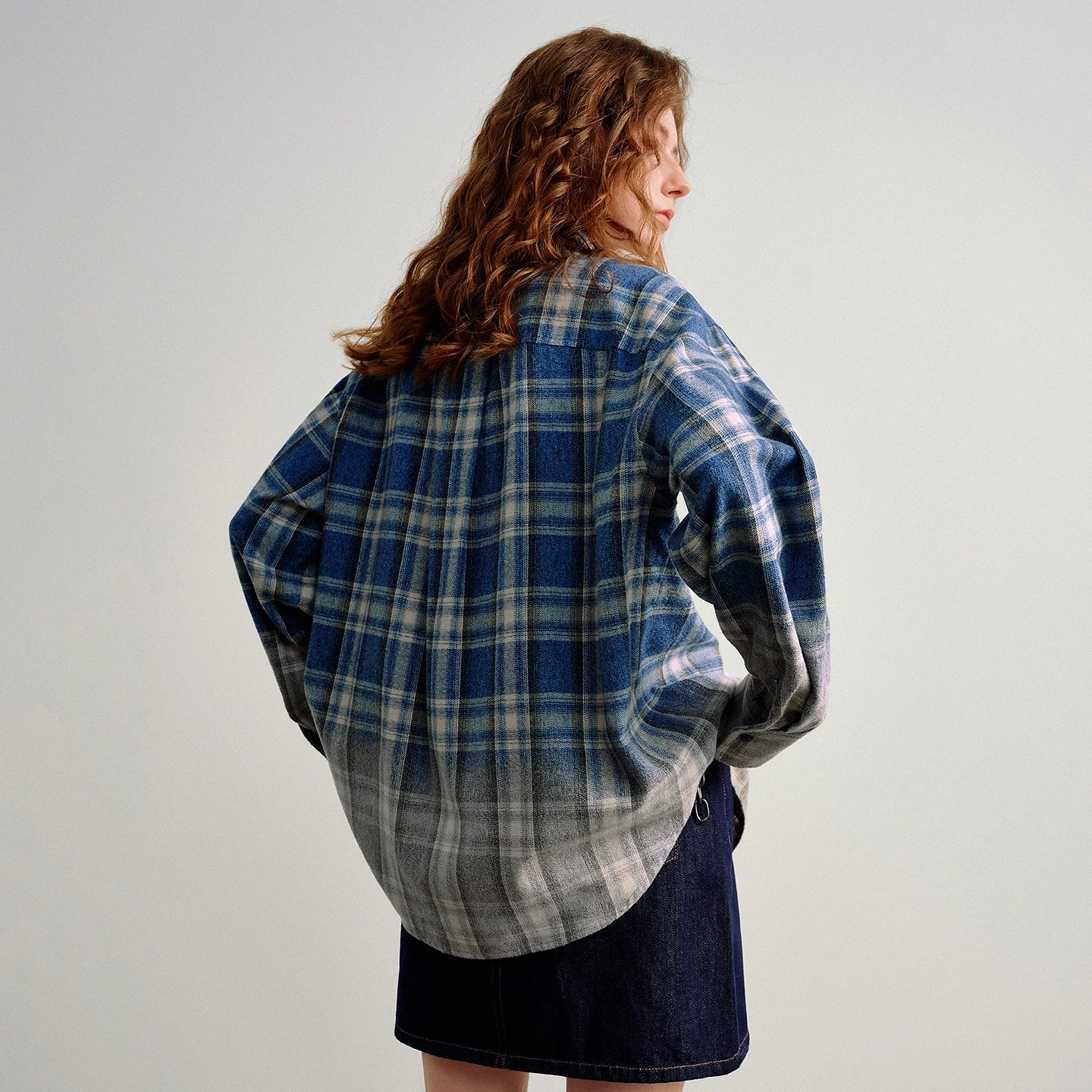 TOYOUTH Women Brushed Shirts 2026 Spring New Mid-Length Gradient Blue-White Plaid Loose Blouses
