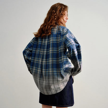TOYOUTH Women Brushed Shirts 2026 Spring New Mid-Length Gradient Blue-White Plaid Loose Blouses