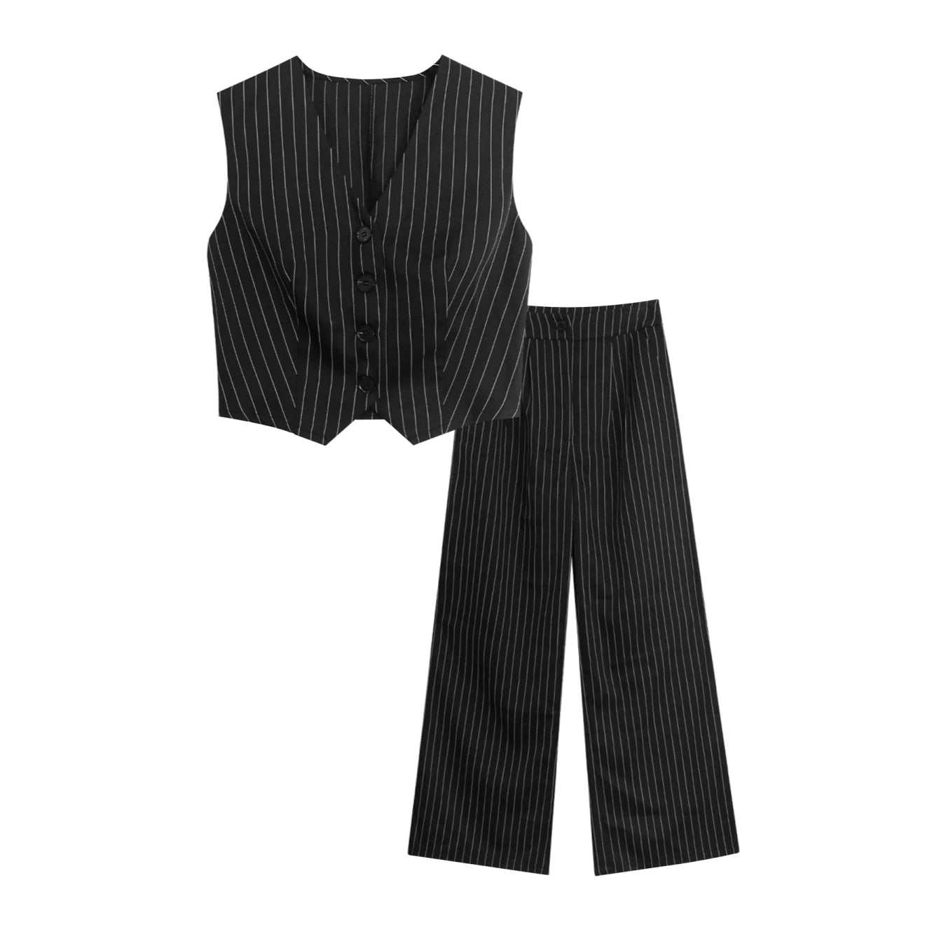 Women's Pinstripe Elegant Trouser Set Sleeveless V Neck Button Vest High Waist Wide Leg Pants Two Piece Set Spring Summer Outfit