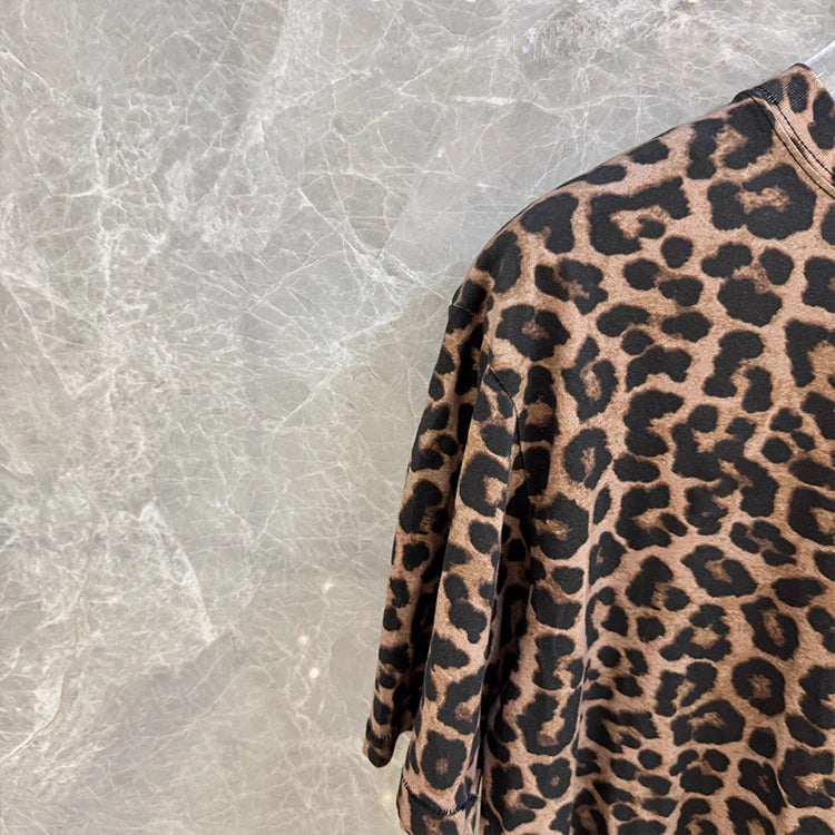 High-End Women's Retro Leopard Print round Neck Loose Short Sleeve T-Shirt 2025 New Style Commute Style Casual Inner Wear