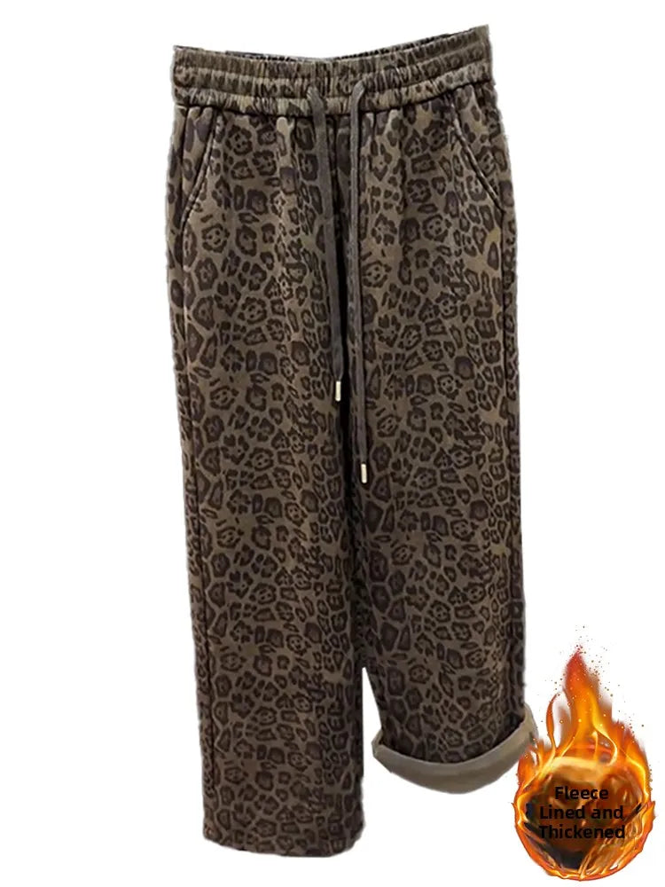 High Waist Thickened Fleece Lined Leopard Print Casual Pants Women Straight Leg Wide Leg Pants Trendy plus Size Korean Style