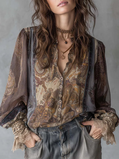 Boho Women's Vintage Paisley Chiffon Blouse, Long Sleeve Lace Trim V Neck Ruffle Hem Shirt, Casual Tunic Top