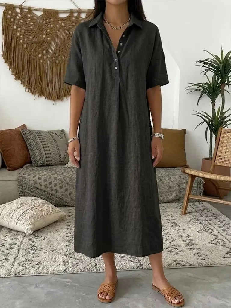 2026 Women's New Casual Straight-Cut Comfortable Polo-Neck Linen Short-Sleeve Dress