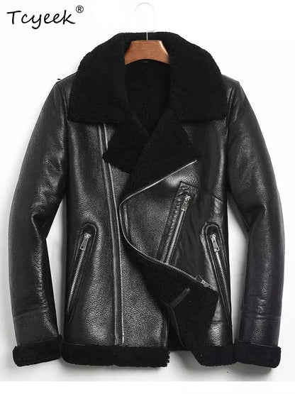 Tcyeek Real Leather Jacket Men Clothes Business Casual Mens Coats Chic Natural Sheepskin Fur Coat Black Warm 2026 Куртка Мужская