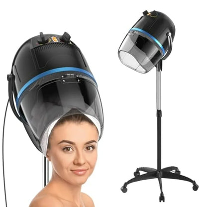 Home salon spa beauty equipment: 1300W professional hooded floor hair bonnet dryer with adjustable height, rolling base, black