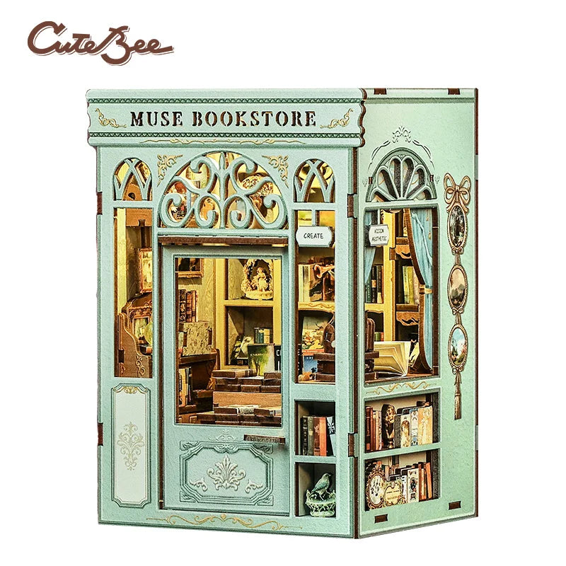 CUTEBEE Book Nook Kit Wooden DIY Miniature Dollhouse Muse Bookstore 3D Puzzle Bookshelf Insert Unique Christmas Gift Idea