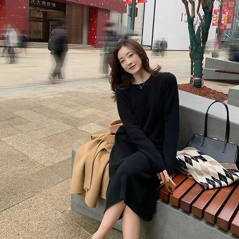 Women's Pure Cashmere Knit Dress Simple round Neck Knee-High Coat Long Sweater Skirt Autumn Winter Fashion New Arrival