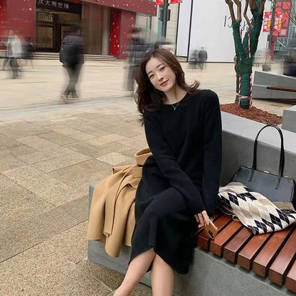 Women's Pure Cashmere Knit Dress Simple round Neck Knee-High Coat Long Sweater Skirt Autumn Winter Fashion New Arrival