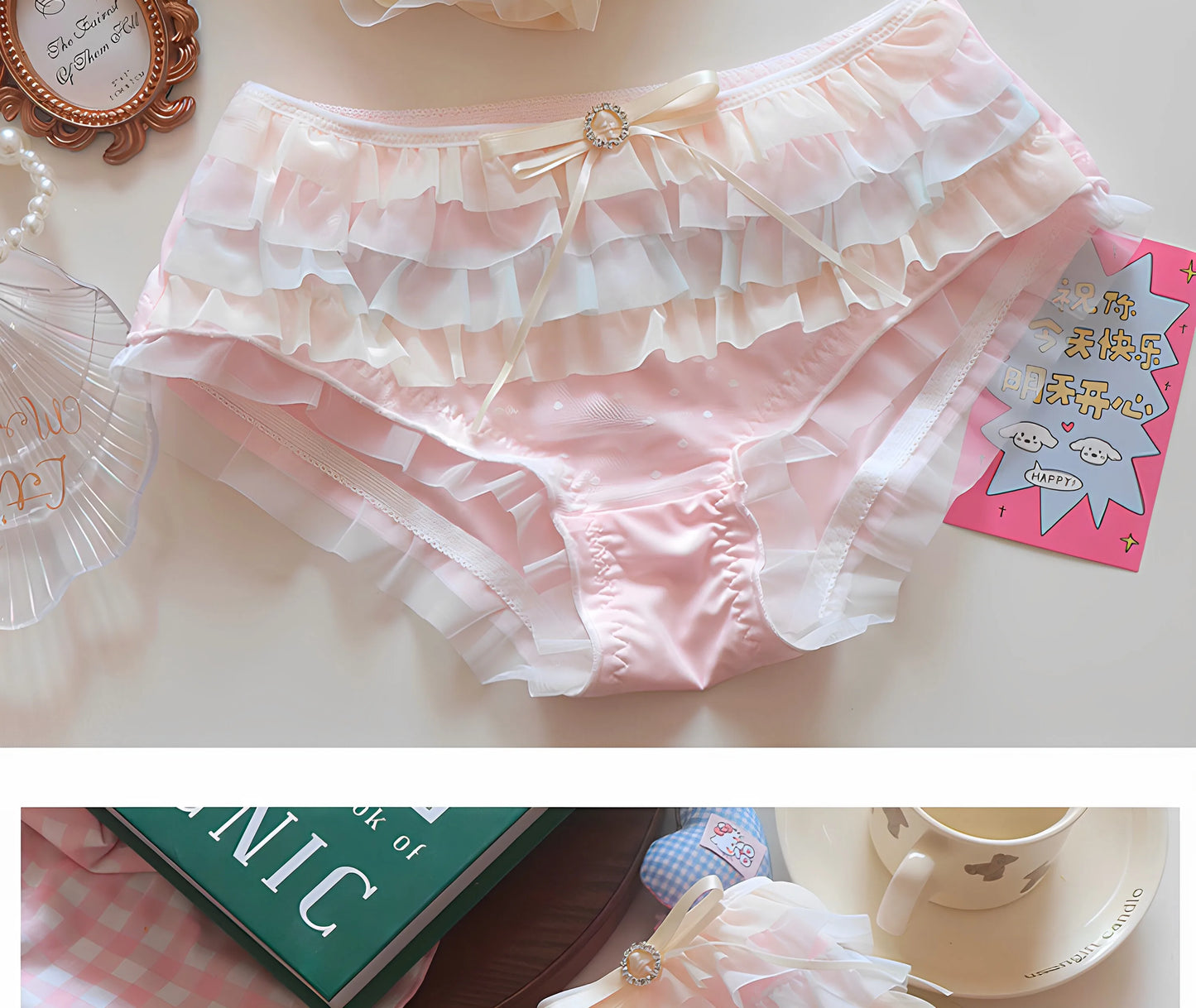 Japanese Lolita Princess Lingerie Women Pure Desire Cake Layer Lace Mesh Cotton Crotch Party Bra Panty Set Cute Comfortable Soft