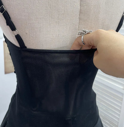 ISAROSE Summer Y2K Camisole for Women Casual Spaghetti Straps Double Layers Lace Stretch Mesh Patchwork Asymmetrical Slim Tops
