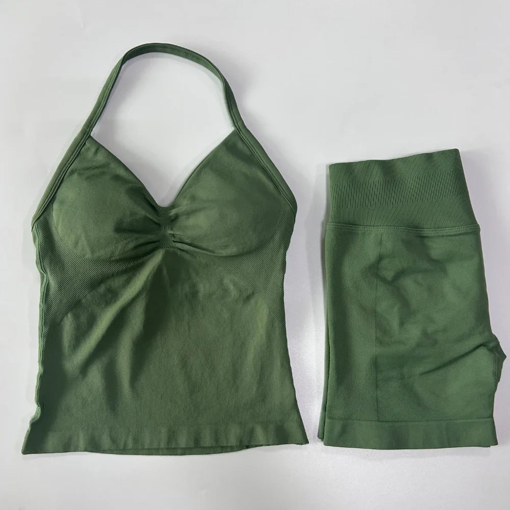 2 Pieces Sports Set Women Backless Tank Yoga Tops High Waist Scrunch Seamless Shorts Sport Gym Set Sportswear Workout Set