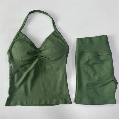 2 Pieces Sports Set Women Backless Tank Yoga Tops High Waist Scrunch Seamless Shorts Sport Gym Set Sportswear Workout Set