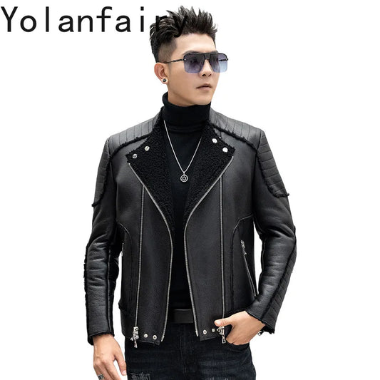 YOLANFAIRY New Luxury Winter Natural Wool Fur Coat Man Short Warm Men's Motorcycle Genuine Leather Jacket Real Sheepskin Coats