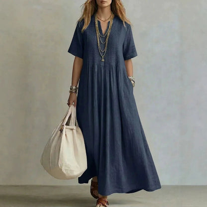 Casual Solid Color Linen Cotton Maxi Dress For Women Short Sleeve Loose Fit Long Dresses Relaxed Comfortable Summer Daily Wear