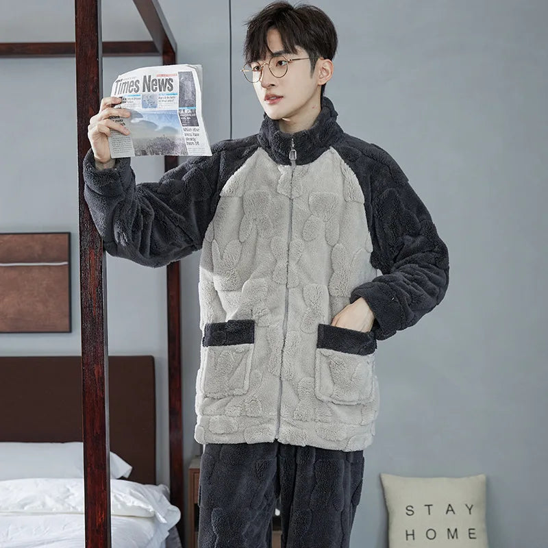 2025 New Couple Sleepwear Men's Autumn Winter Stand Collar Zipper Thick Long Sleeve Coral Fleece Home Clothes Men's Pyjamas