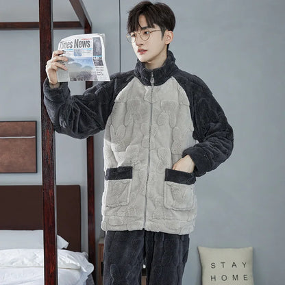 2025 New Couple Sleepwear Men's Autumn Winter Stand Collar Zipper Thick Long Sleeve Coral Fleece Home Clothes Men's Pyjamas