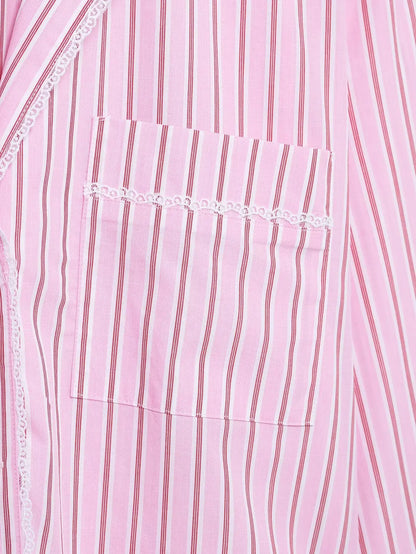 HH Women Striped Pants Suit Lapel Pocket Single-breasted Blouse+Side Zipper Lace Short Top+High Waist With Belt Poplin Pant