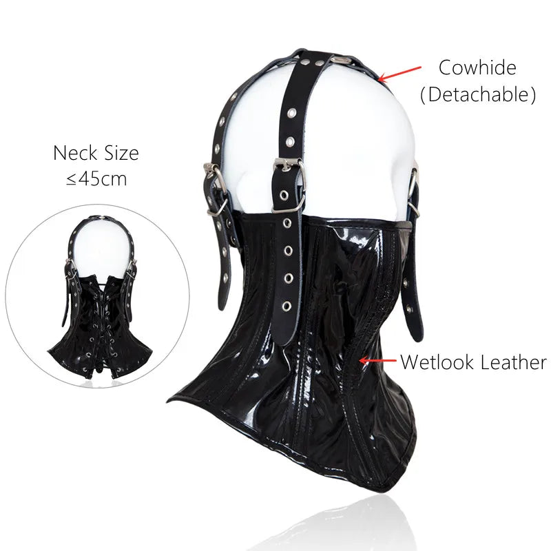 Sexy Wetlook Leather BDSM Bondage Collars with Unisex Lockable Half Face Mask for Fetish Neck Restraint Adult Games Sex Toys