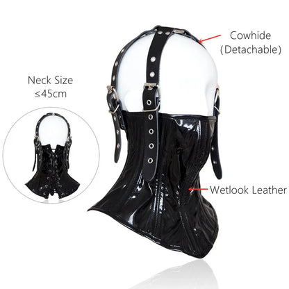 Sexy Wetlook Leather BDSM Bondage Collars with Unisex Lockable Half Face Mask for Fetish Neck Restraint Adult Games Sex Toys