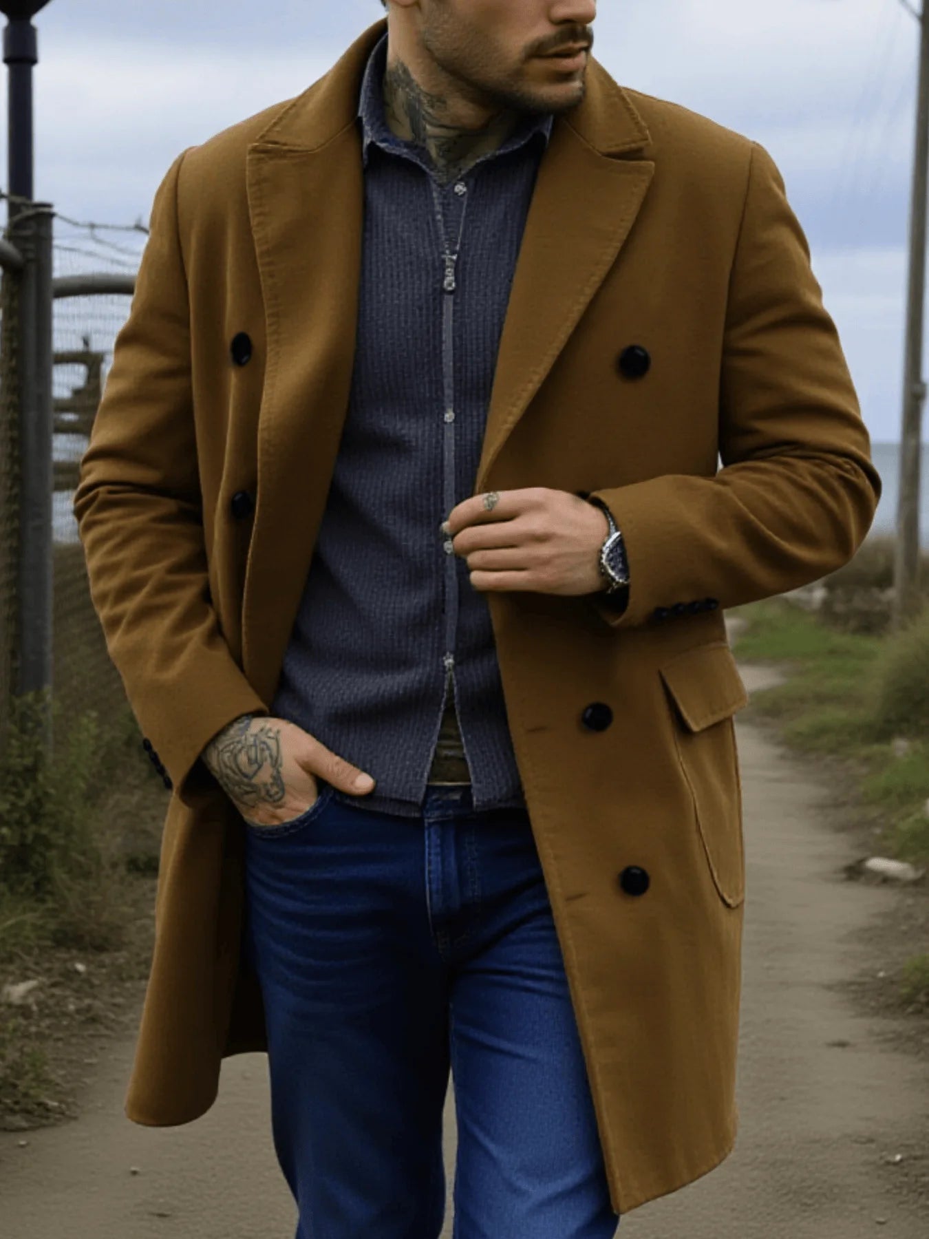Men's Japanese Style Wool Coat Double-Breasted Thickened & Windproof Notch Lapel Trench for Winter
