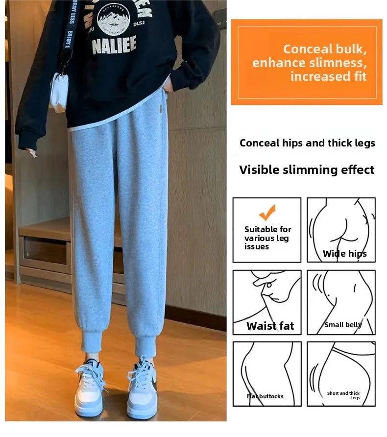 plus Size Women's Slimming Fleece Lined Cuffed Thickened Warm Sports Pants Commute Style Korean Fashion Winter Collection