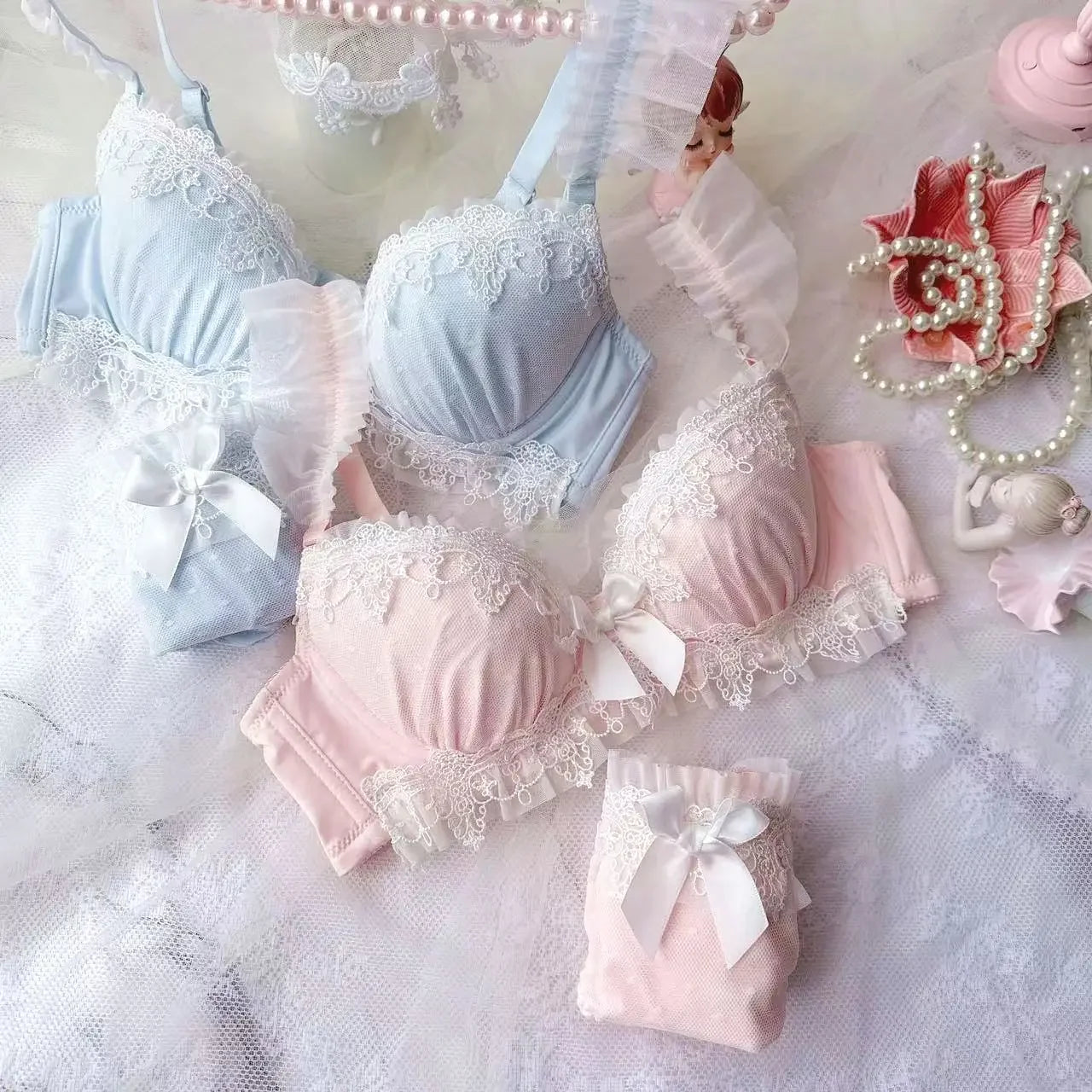 YUQI Sexy Japanese Sweet Bra Set G Cup Large Cup Women's Underwire Heavy Lace Thin Cup Comfort Pure & Sensual Lingerie  push up