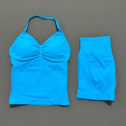 HISTELLO 2 Pieces Sports Set Women Yoga Longline Strap Top Scrunch Seamless Shorts Sport Gym Set Sportswear Workout Fitness Set