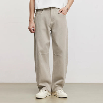 Fashion Men's American Retro Draping Vintage Cut-Off Jeans 2026 Summer Cotton Blend Loose Casual Straight Wide Leg Pants