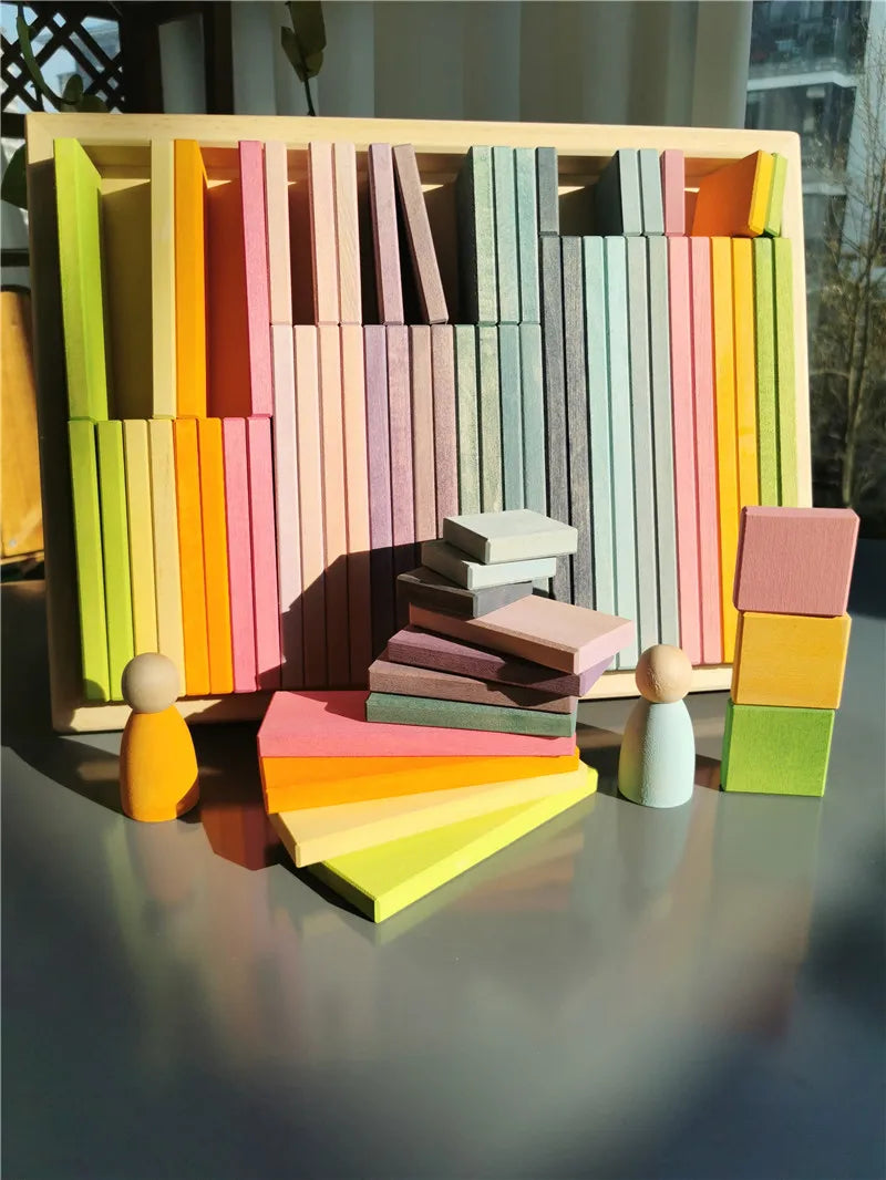 Large Rainbow Wood Building Slats Construct Cubes Blocks Pastel Stacking Timber Toys for Kids Early Learning