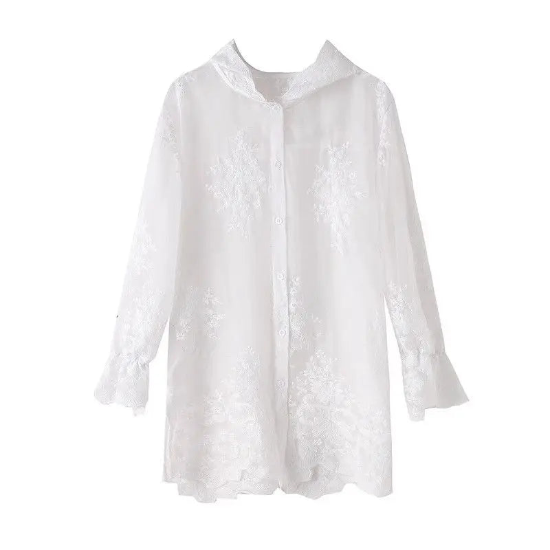 Elegant Thin Lace Hat Shirt Women's Loose Fit Summer 2025 plus Size Slimming Korean Style Long Sleeve Button up