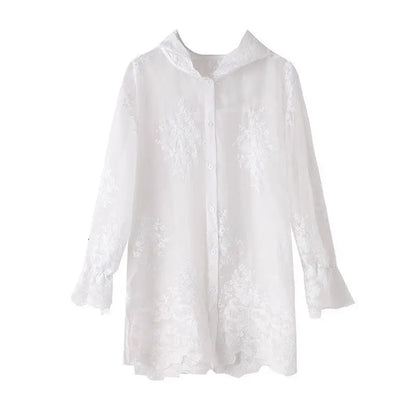 Elegant Thin Lace Hat Shirt Women's Loose Fit Summer 2025 plus Size Slimming Korean Style Long Sleeve Button up